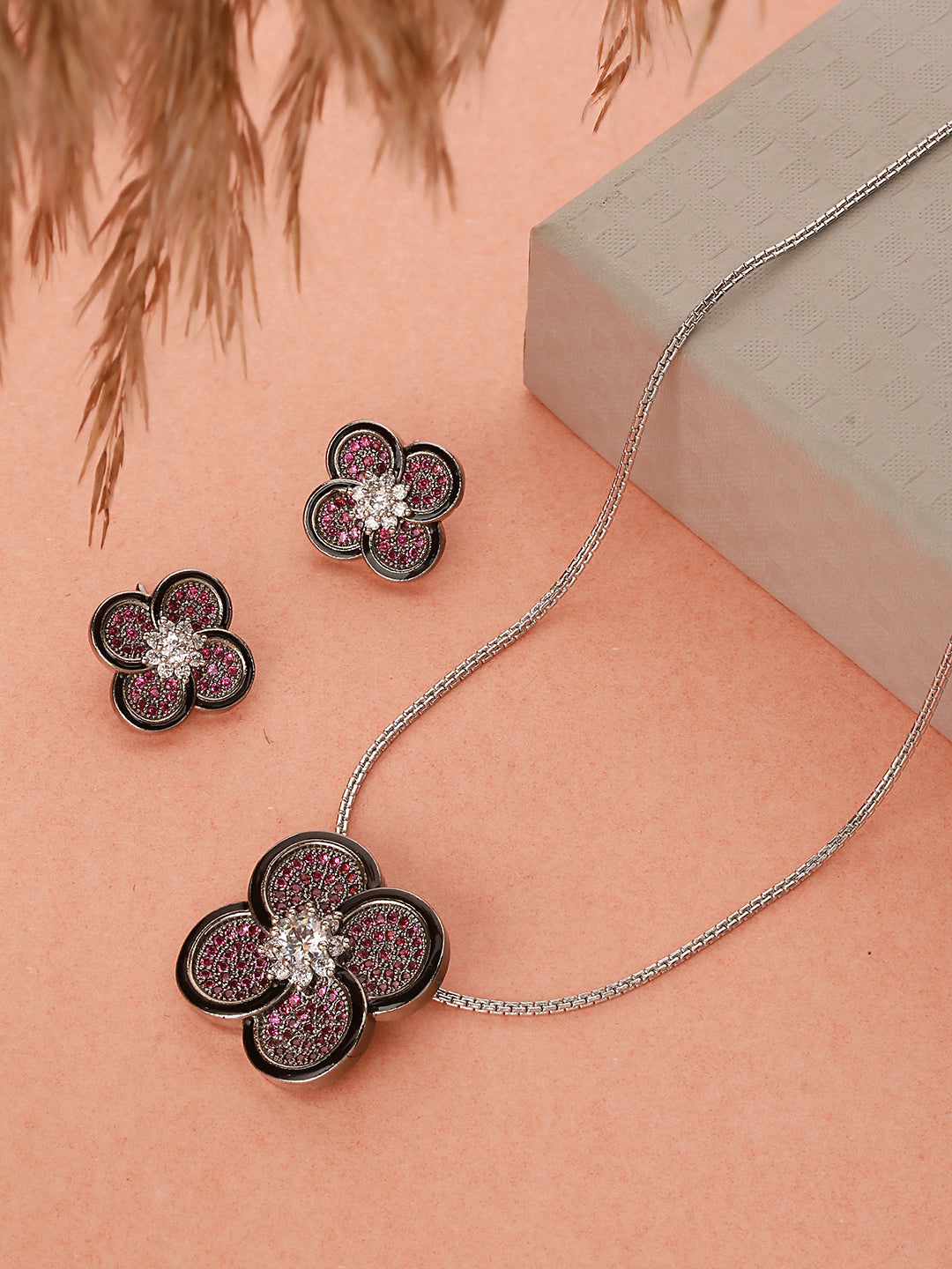 Silver Plated Red AD Studded Floral Designer Locket Jewellery  Set